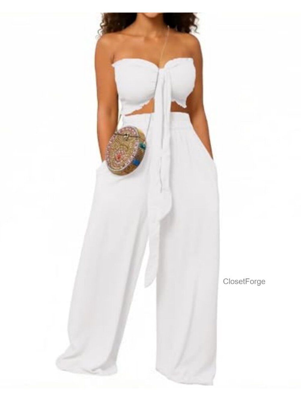 Women Two Piece Outfit Knot Front Crop Top Wide Leg Pant Set Polyester
